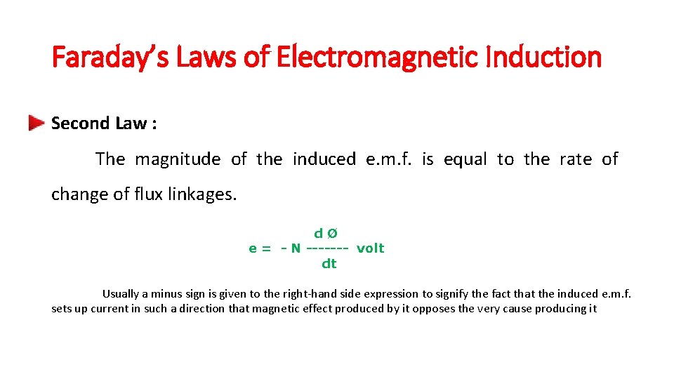 Faraday’s Laws of Electromagnetic Induction Second Law : The magnitude of the induced e.
