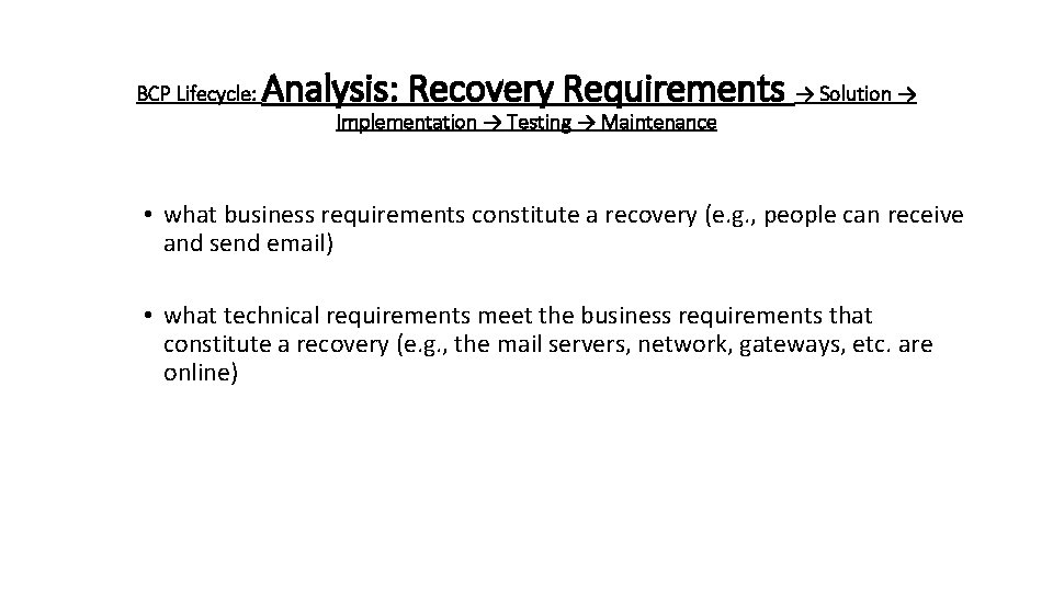 BCP Lifecycle: Analysis: Recovery Requirements → Solution → Implementation → Testing → Maintenance •
