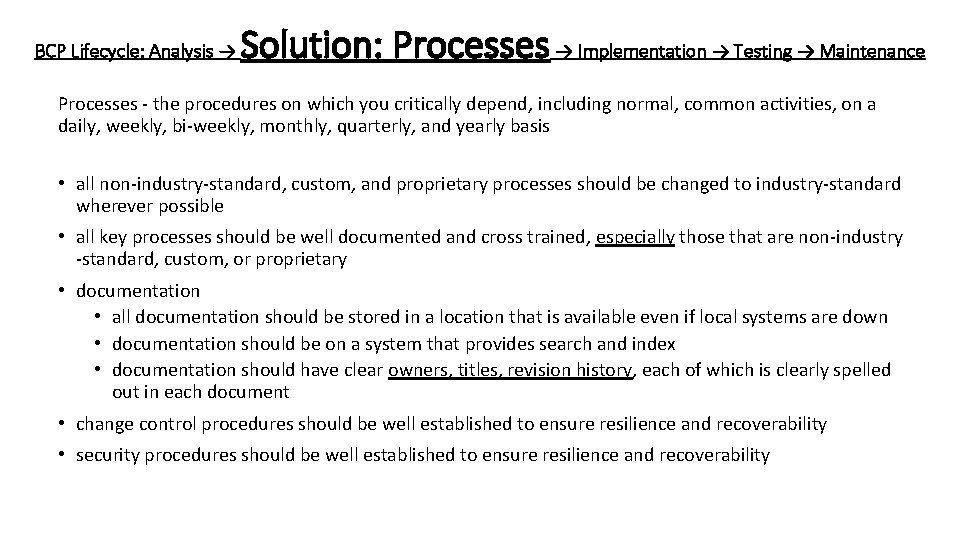 BCP Lifecycle: Analysis → Solution: Processes → Implementation → Testing → Maintenance Processes -