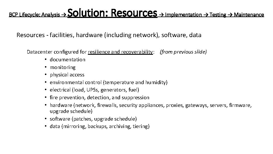 BCP Lifecycle: Analysis → Solution: Resources → Implementation → Testing → Maintenance Resources -