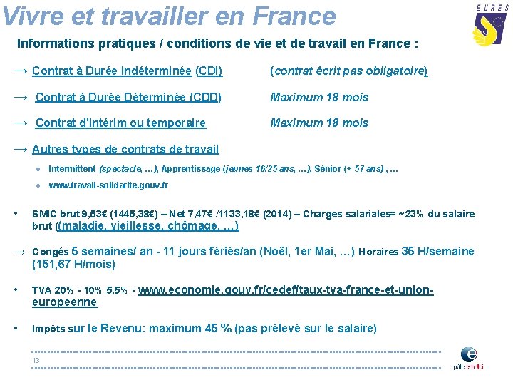 Vivre et travailler en France Informations pratiques / conditions de vie et de travail