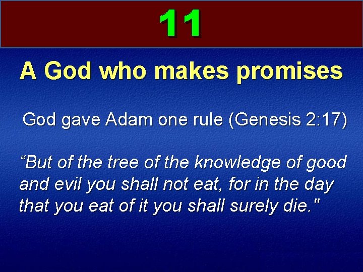 11 A God who makes promises God gave Adam one rule (Genesis 2: 17)