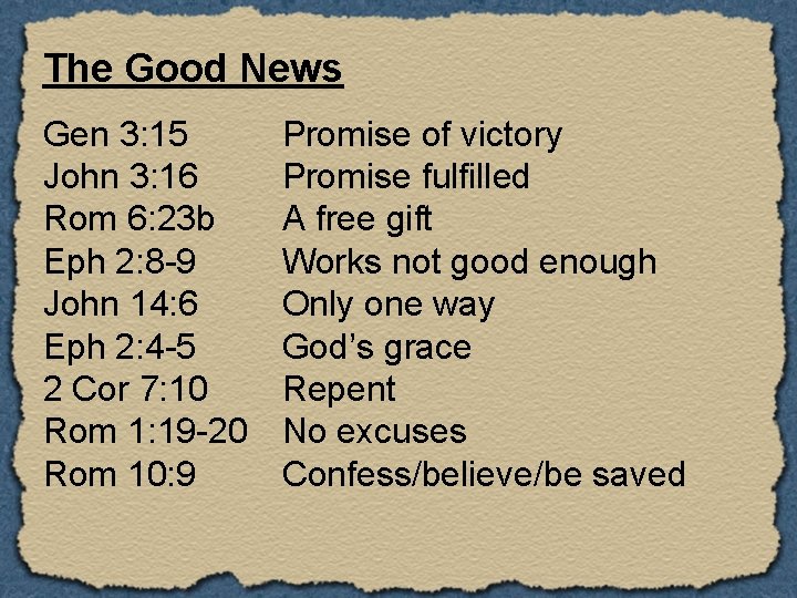 The Good News Gen 3: 15 John 3: 16 Rom 6: 23 b Eph