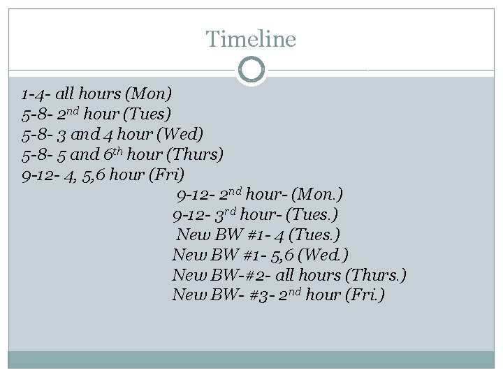 Timeline 1 -4 - all hours (Mon) 5 -8 - 2 nd hour (Tues)