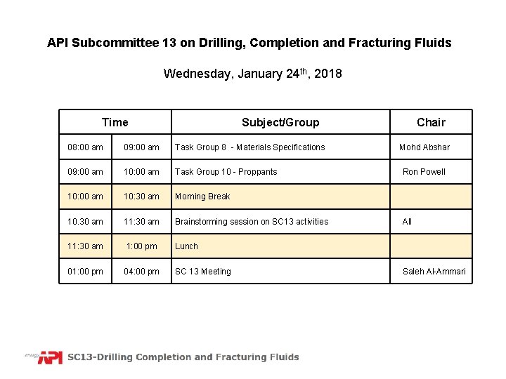 API Subcommittee 13 on Drilling, Completion and Fracturing Fluids Wednesday, January 24 th, 2018