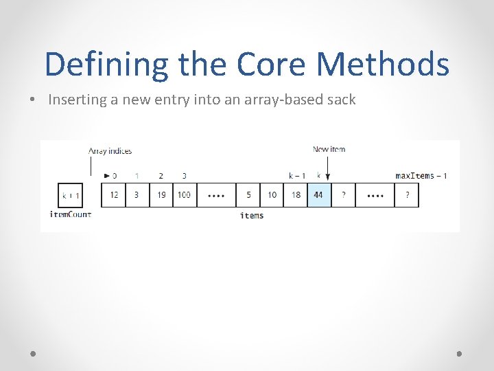 Defining the Core Methods • Inserting a new entry into an array-based sack 