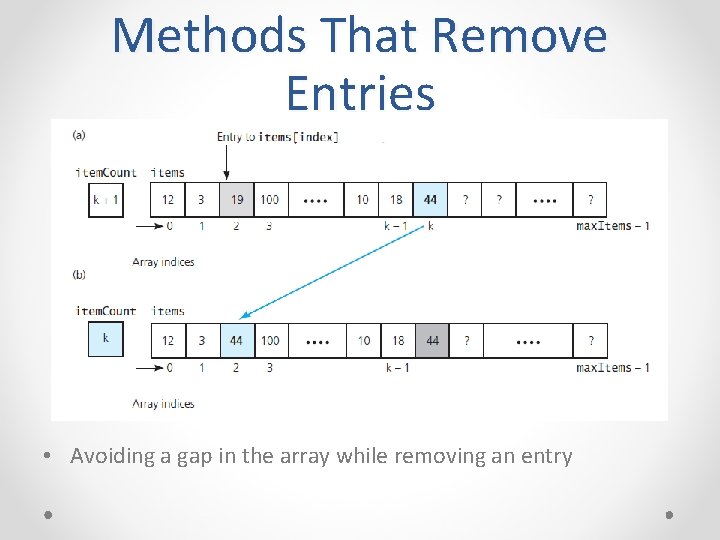 Methods That Remove Entries • Avoiding a gap in the array while removing an