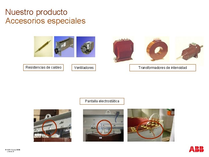 Nuestro producto Accesorios especiales Resistencias de caldeo Ventiladores Pantalla electrostática © ABB Group 2009