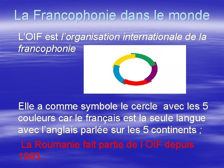 La Francophonie dans le monde L’OIF est l’organisation internationale de la francophonie Elle a