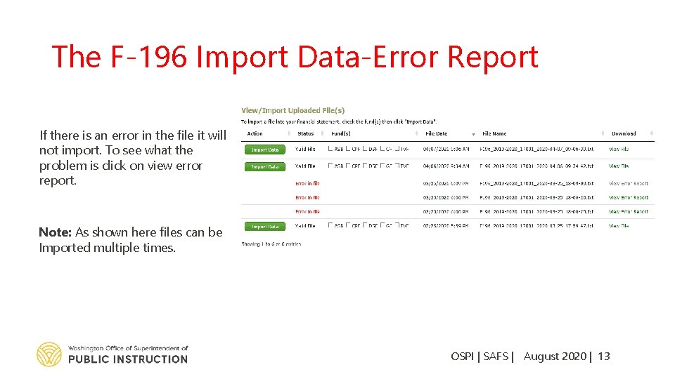 The F-196 Import Data-Error Report If there is an error in the file it