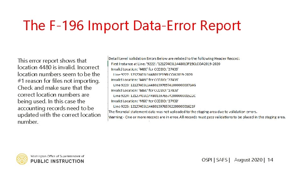The F-196 Import Data-Error Report This error report shows that location 4480 is invalid.