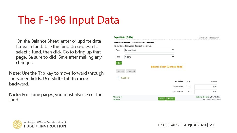 The F-196 Input Data On the Balance Sheet, enter or update data for each