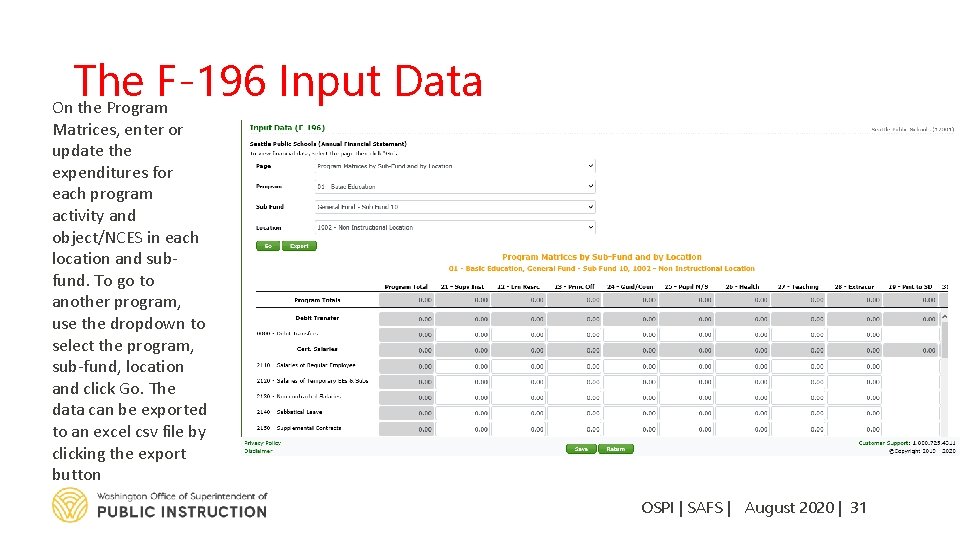 The F-196 Input Data On the Program Matrices, enter or update the expenditures for