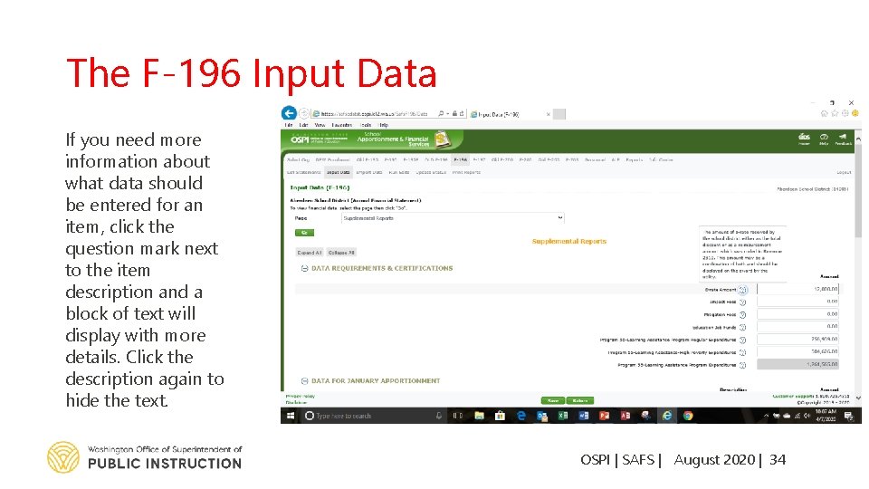 The F-196 Input Data If you need more information about what data should be
