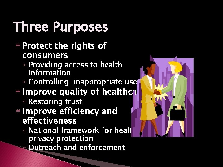 Three Purposes Protect the rights of consumers ◦ Providing access to health information ◦