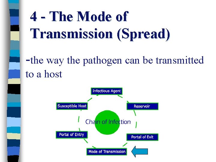 4 - The Mode of Transmission (Spread) -the way the pathogen can be transmitted