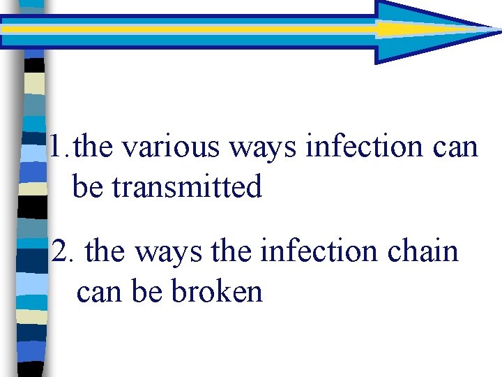1. the various ways infection can be transmitted 2. the ways the infection chain
