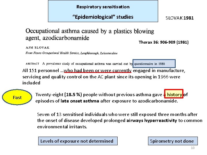 Respiratory sensitisation “Epidemiological” studies SLOVAK 1981 Thorax 36: 906 -909 (1981) All 151 personnel