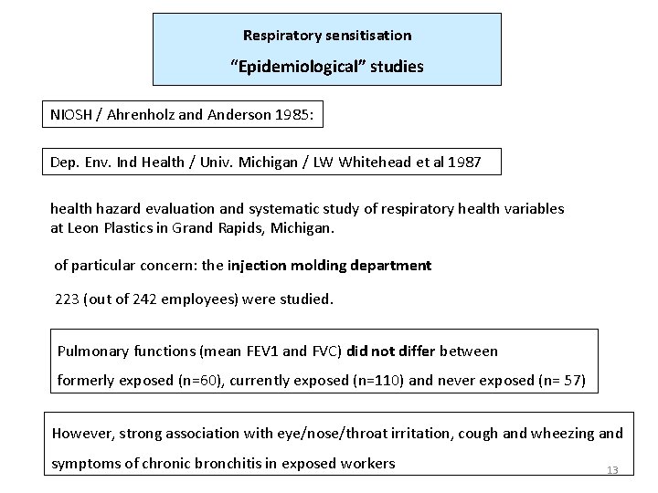 Respiratory sensitisation “Epidemiological” studies NIOSH / Ahrenholz and Anderson 1985: Dep. Env. Ind Health