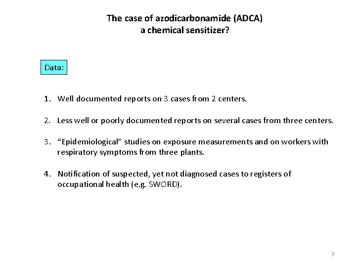 The case of azodicarbonamide (ADCA) a chemical sensitizer? Data: 1. Well documented reports on