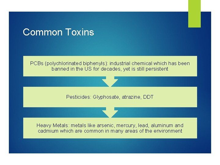 Common Toxins PCBs (polychlorinated biphenyls): industrial chemical which has been banned in the US