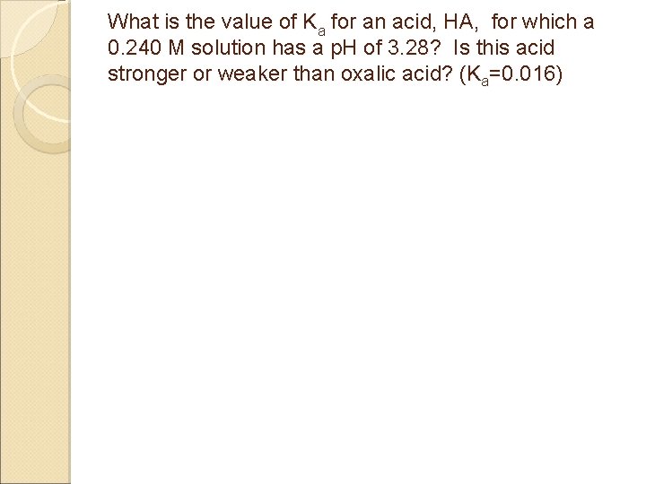 What is the value of Ka for an acid, HA, for which a 0.