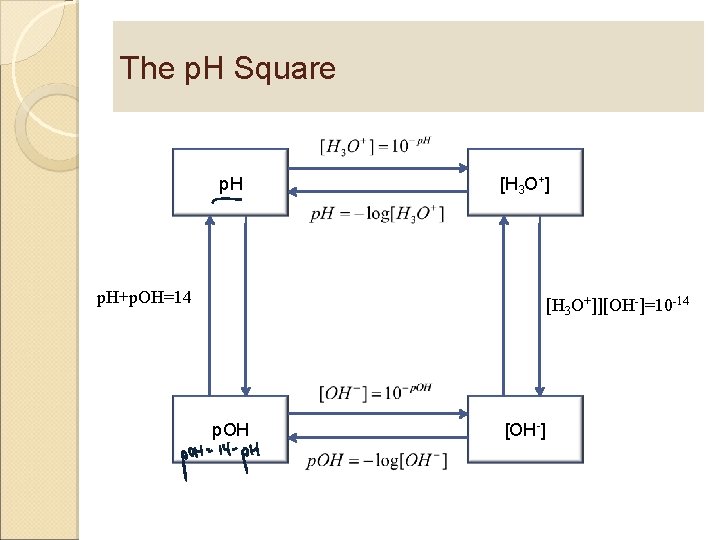 The p. H Square p. H [H 3 O+] p. H+p. OH=14 [H 3