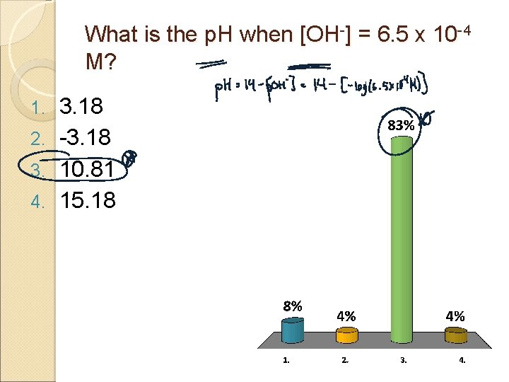 What is the p. H when [OH-] = 6. 5 x 10 -4 M?