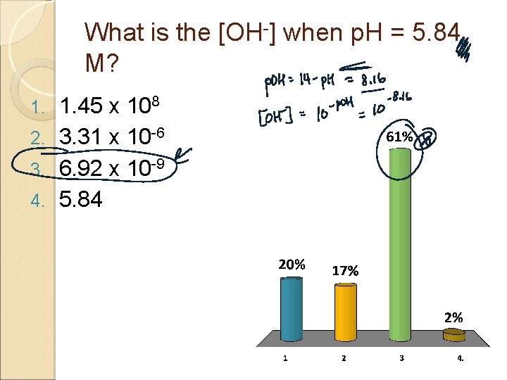 What is the [OH-] when p. H = 5. 84 M? 1. 45 x