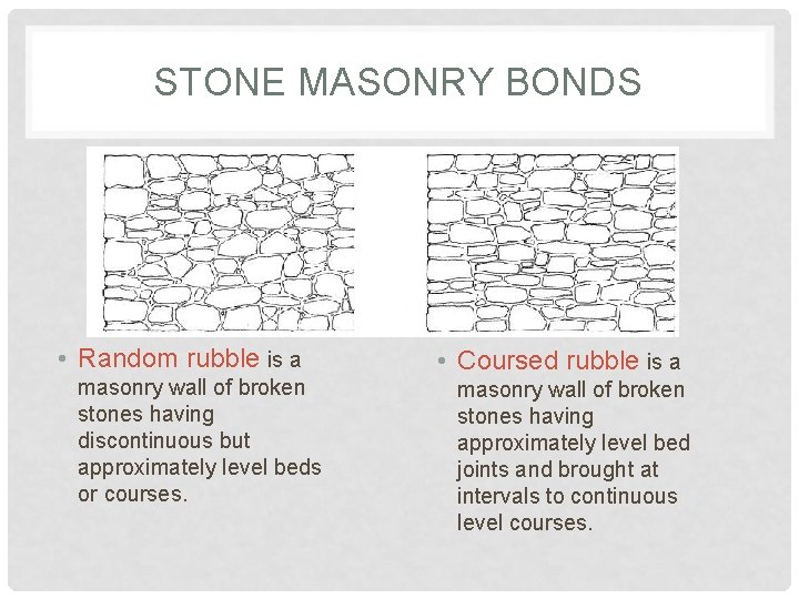 STONE MASONRY BONDS • Random rubble is a masonry wall of broken stones having