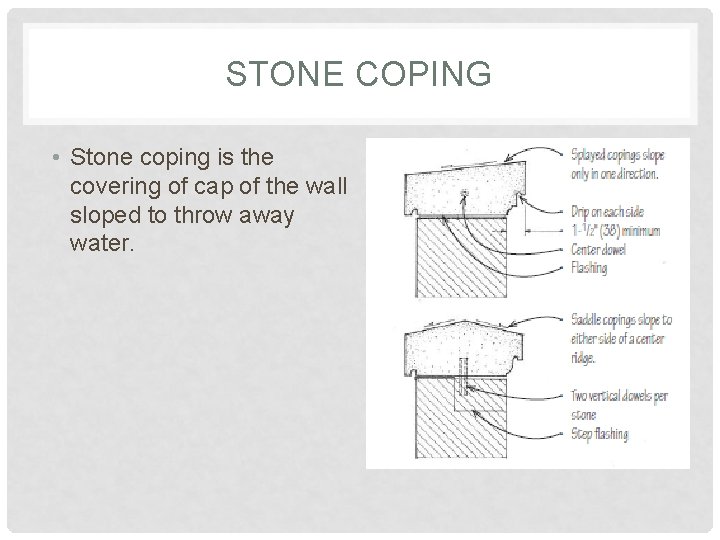 STONE COPING • Stone coping is the covering of cap of the wall sloped