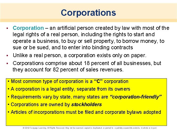 Corporations Corporation – an artificial person created by law with most of the legal