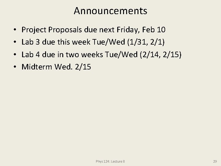 Announcements • • Project Proposals due next Friday, Feb 10 Lab 3 due this
