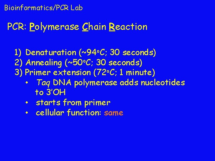 Bioinformatics/PCR Lab PCR: Polymerase Chain Reaction 1) Denaturation (~94 o. C; 30 seconds) 2)