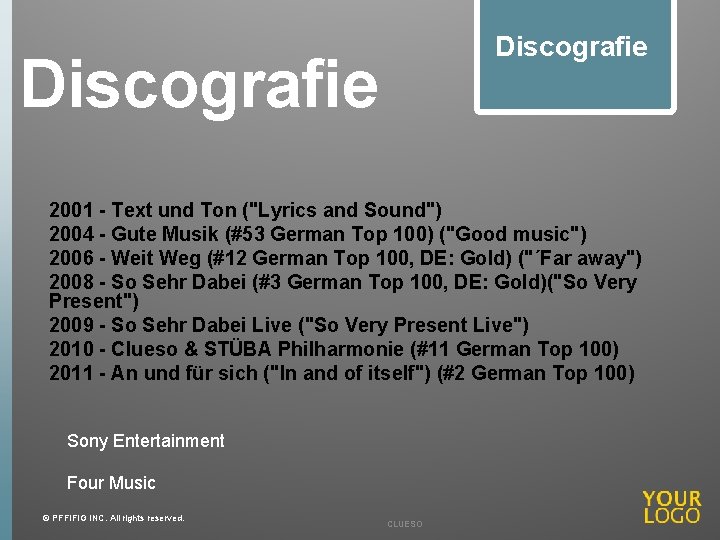 Discografie 2001 - Text und Ton ("Lyrics and Sound") 2004 - Gute Musik (#53