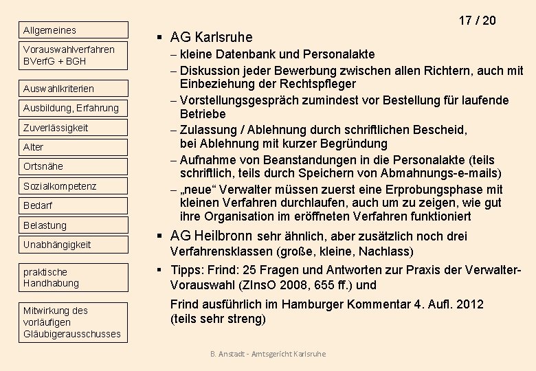 Allgemeines Vorauswahlverfahren BVerf. G + BGH Auswahlkriterien Ausbildung, Erfahrung Zuverlässigkeit Alter Ortsnähe Sozialkompetenz Bedarf