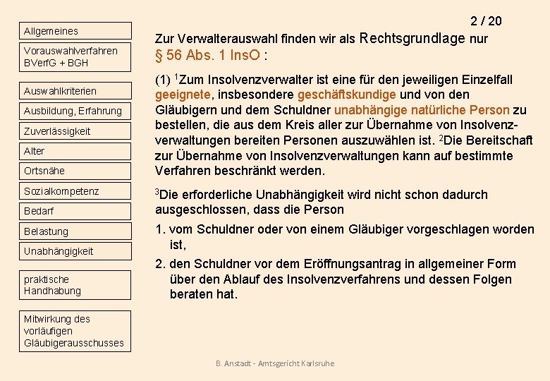 Allgemeines 2 / 20 Zur Verwalterauswahl finden wir als Rechtsgrundlage nur Vorauswahlverfahren BVerf. G