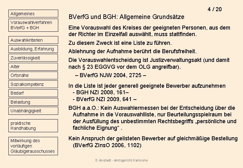 Allgemeines Vorauswahlverfahren BVerf. G + BGH 4 / 20 BVerf. G und BGH: Allgemeine