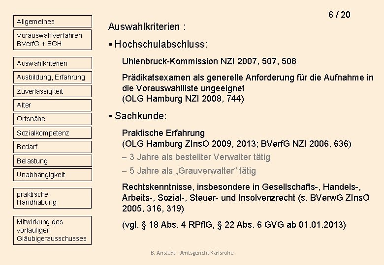 Allgemeines Vorauswahlverfahren BVerf. G + BGH Auswahlkriterien Ausbildung, Erfahrung Zuverlässigkeit Alter Ortsnähe Sozialkompetenz Bedarf