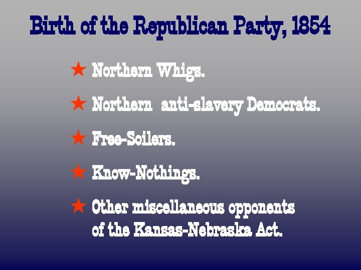 Birth of the Republican Party, 1854 ß Northern Whigs. ß Northern anti-slavery Democrats. ß