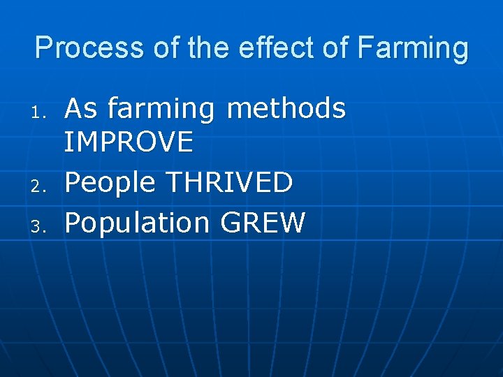 Process of the effect of Farming 1. 2. 3. As farming methods IMPROVE People