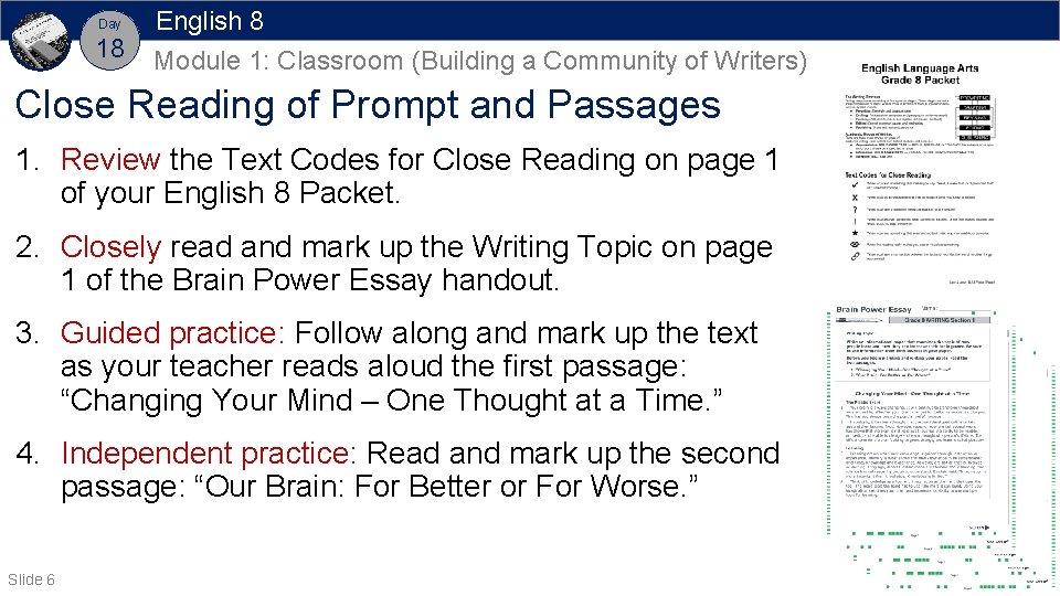 Day 18 English 8 Module 1: Classroom (Building a Community of Writers) Close Reading