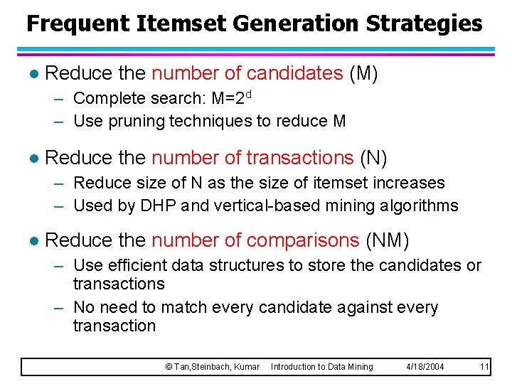 Frequent Itemset Generation Strategies l Reduce the number of candidates (M) – Complete search: