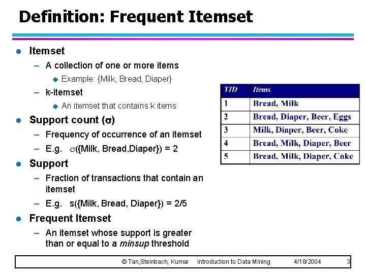Definition: Frequent Itemset l Itemset – A collection of one or more items u