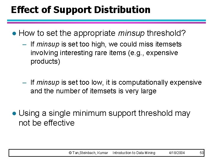 Effect of Support Distribution l How to set the appropriate minsup threshold? – If