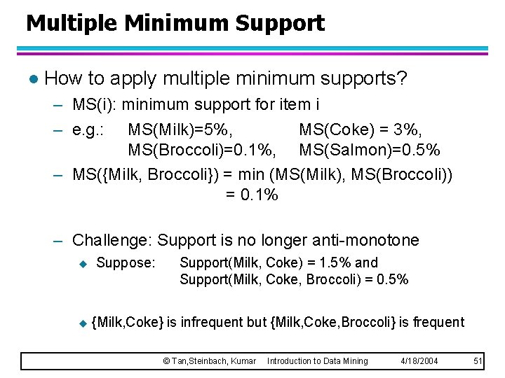 Multiple Minimum Support l How to apply multiple minimum supports? – MS(i): minimum support