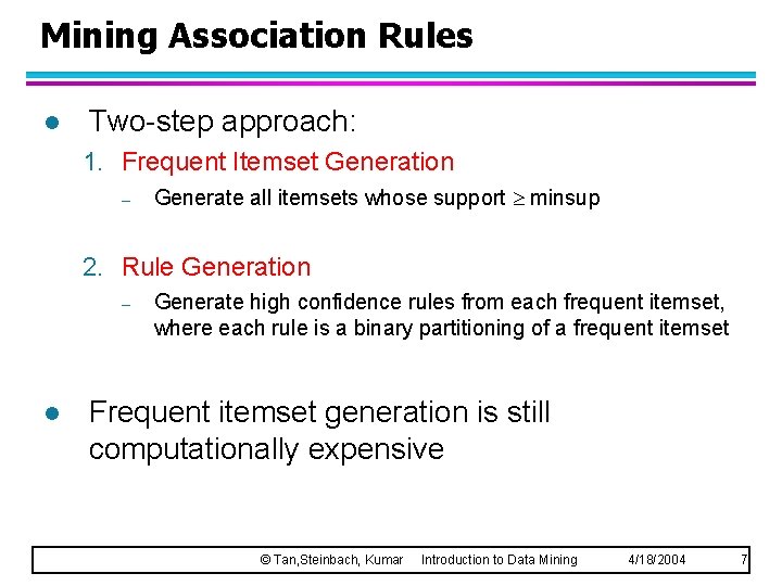 Mining Association Rules l Two-step approach: 1. Frequent Itemset Generation – Generate all itemsets