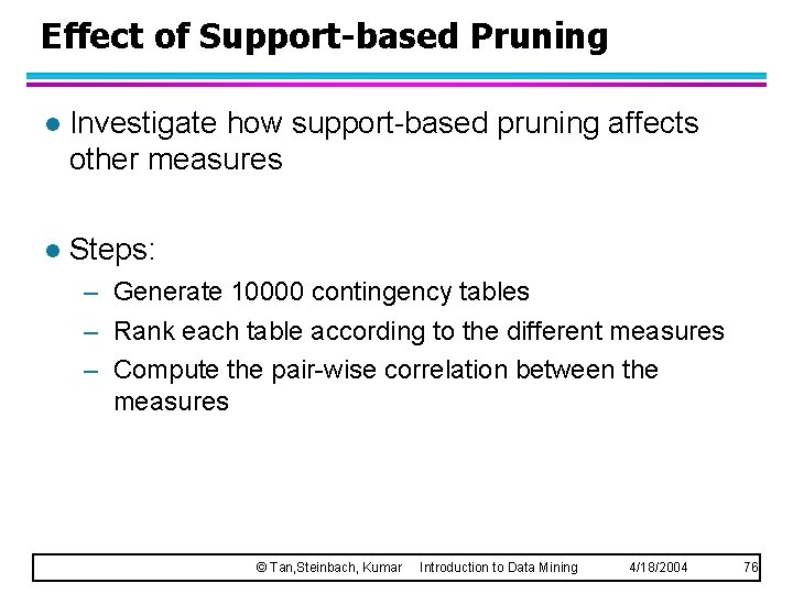 Effect of Support-based Pruning l Investigate how support-based pruning affects other measures l Steps: