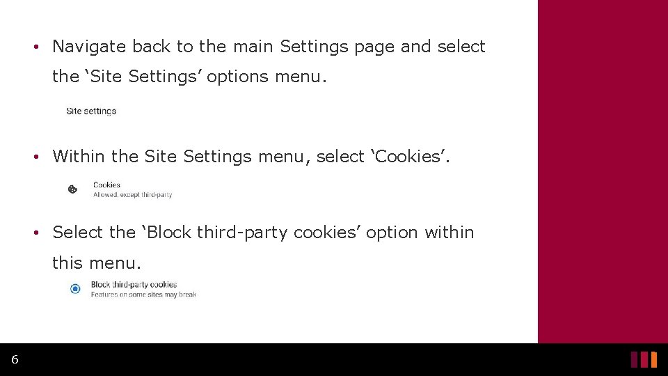  • Navigate back to the main Settings page and select the ‘Site Settings’