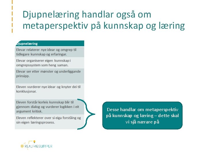 Djupnelæring handlar også om metaperspektiv på kunnskap og læring Desse handlar om metaperspektiv på